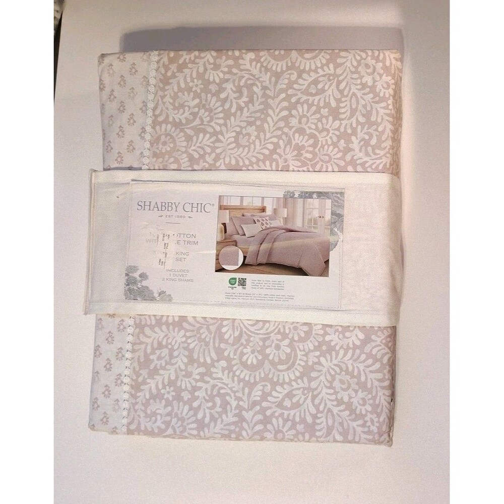 Shabby Chic 3 Piece King Duvet Set Lace Trim 100% Cotton Cottagecore